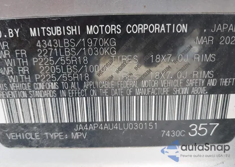 2020 Mitsubishi Outlander Sport 2.0 Se z USA, uszkodzony, nr VIN JA4AP4AU4LU030151